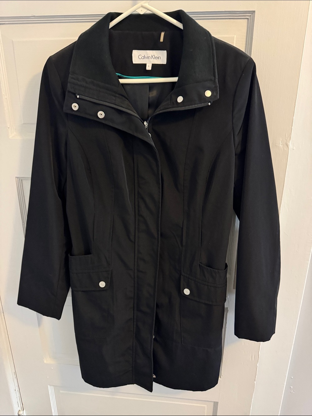Calvin Klein Black Long Trench Coat with Snap Tabs